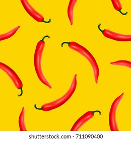 Vector seamless pattern with realistic red hot natural chili peppers on a yellow background. EPS10.