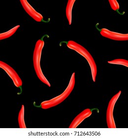 Vector seamless pattern with realistic red hot natural chili peppers on a black background. EPS10.