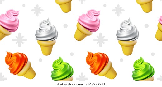 Vector seamless pattern with realistic soft swirl ice cream in waffle cone on white background. 3d style cartoon illustration design of different flavor ice cream in cup. Sweet food seamless pattern