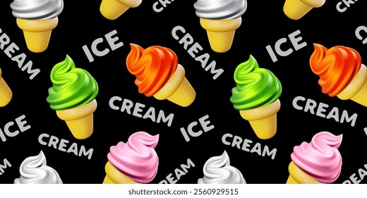 Vector seamless pattern with realistic soft serve swirl ice cream in waffle cone on black background. 3d style cartoon illustration design of different flavor ice cream in cup with word. Food pattern