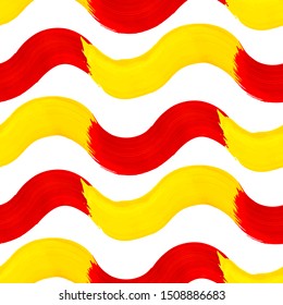 Vector seamless pattern with realistic trace of wavy yellow and red brush strokes isolated on white background. Hand drawn paint wallpaper.