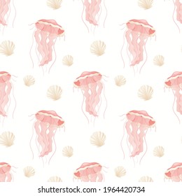 Vector seamless pattern. Realistic transparent poisonous pink jellyfish and smooth shells. Underwater world and marine life. Background or wallpaper decoration.