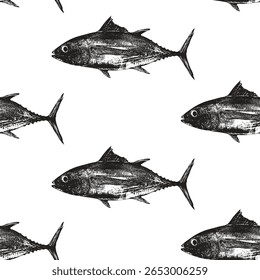 Vector seamless pattern with realistic tuna fish on the theme of sea animals, ocean life. Logo, menu, label for restaurant, cafe. Fish market Signboard. Print, fabric, textile. Wallpaper, t-shirt