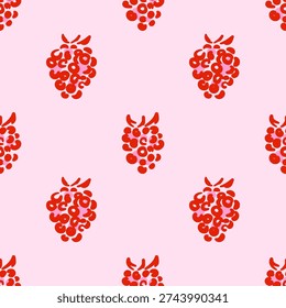 Vector seamless pattern of red abstract raspberries or blackberries in hand drawn doodle style. Minimalist summer fruit ornament on pink background.