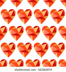 Vector seamless pattern with red abstract hearts on the white background. Polygonal design. Geometric triangular origami style, graphic illustration. Series of Love Seamless Patterns