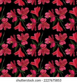 Vector seamless pattern with red alstroemeria or Peruvian Lily flowers. Floral background, wallpaper.