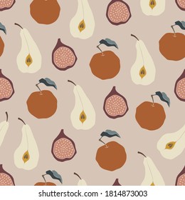 Vector seamless pattern with red apple, pear and fig in modern abstract style. Trendy minimalistic illustration. Good for fabrics, textile, wrapping paper, scrapbooking paper.