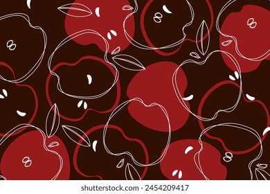 Vector seamless pattern with red apple line art.  Seamless decorative background with red apples. Bright summer design