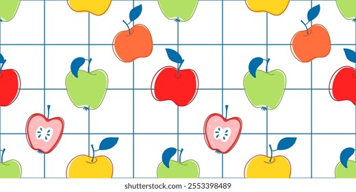 Vector seamless pattern with red apple hand drawing line art. Seamless decorative a checkered background with bright stylish apples. Bright design for textiles, bed linen, wallpaper, wrapping paper