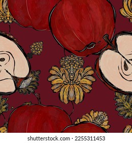 vector seamless pattern red apples and petrikovskaya painting