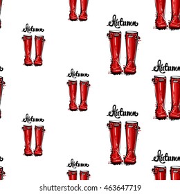 Vector seamless pattern with red autumn hunter boots. Background for decoration seasonal celebration, greeting card and banner. Hand drawn symbols on white backdrop.