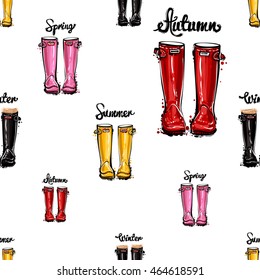 Vector seamless pattern with red autumn, black winter, yellow summer, pink spring hunter boots. Background for decoration seasonal celebration, greeting card and banner. Shoes on white backdrop.
