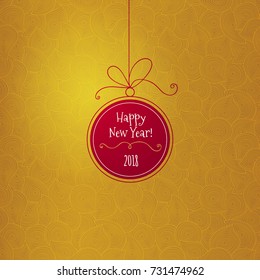 Vector seamless pattern. Red ball with New Year's greeting. Golden festive element for New Year's design. Bright gold packing. Ornamental lace tracery.