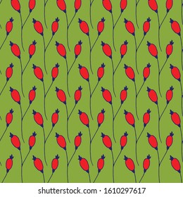Vector seamless pattern with red berries on green background. Hand drawn doodle illustration. Design for greeting cards, scrapbooking, textile, wrapping paper, wallpaper, invitations, prints and etc.