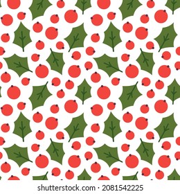 Vector seamless pattern with red berries and green leaves. Repeating background with Holly berries isolated on white.