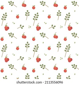 Vector seamless pattern with red berries, apples or cherry tomato and green leafs. 
