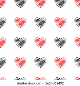 Vector seamless pattern red and black line HEARTS doodle sketch cute beautiful for decoration card packaging