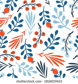 Vector seamless pattern with red and blue berries, leaves, branches. Flat cartoon design. Decorative ornament. Illustration isolated on white background. For wrapping, wallpaper, textile, scrapbooking