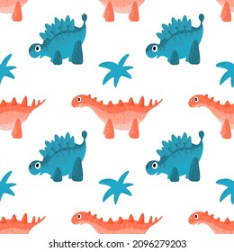 Vector seamless pattern with red and blue cartoon dinosaurs. Cute little children’s characters. Nice illustration for kids room decor, wallpaper, fabric, textile.