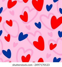 Vector seamless pattern with red and blue hearts on pink background.