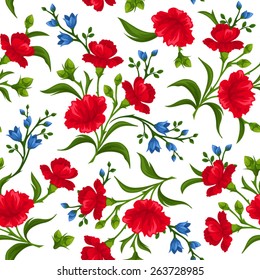 Vector seamless pattern with red and blue flowers and green leaves on a white background.