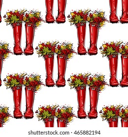 Vector seamless pattern with red boots and leaves. Background for decoration seasonal celebration, greeting card and banner. Hand drawn symbols on white backdrop.