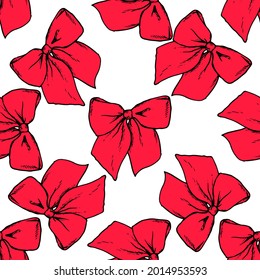 Vector seamless pattern of red bows randomly arranged on a white background for a design template. a hand-drawn celebratory bow made of a festive red ribbon with a black outline in the style of a sket