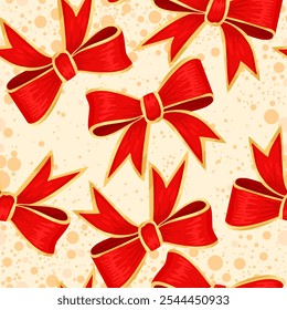 Vector seamless pattern with red bows and confetti on light yellow background.
