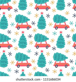 Vector Seamless Pattern With Red Car And Christmas Tree On The Roof. Winter Endless Repeated Texture With Retro Cars And Christmas Deciration. Holiday Ornament. 