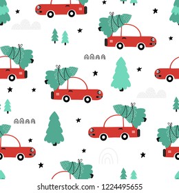 Vector Seamless Pattern With Red Car And Christmas Tree On The Roof On White Background. Holiday Ornament.