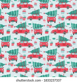 Vector seamless pattern with red car and Christmas tree. Christmas picture. Red pickup. New year illustration surface delivery service.