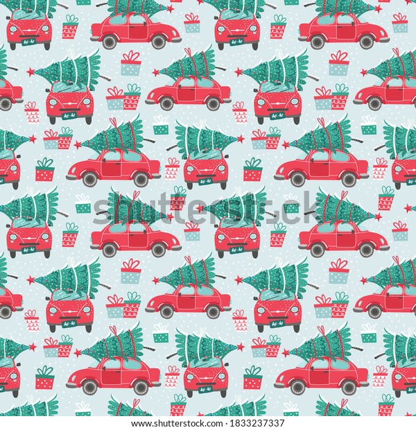 Vector seamless pattern with red car and\
Christmas tree. Christmas picture. Red pickup. New year\
illustration surface delivery\
service.