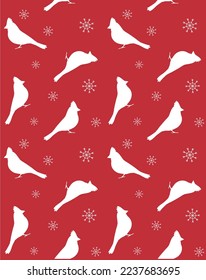 Vector seamless pattern of red cardinal bird and snowflakes silhouette isolated on red background