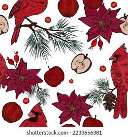vector seamless pattern, red cardinals on pine branches, apples, berries and poinsettia
