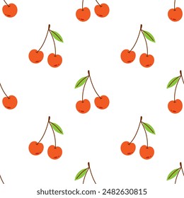 Vector seamless pattern with red cherries. Cute berries on white background. Summer print. Wrapping or fabric design. Cute cherry pattern.