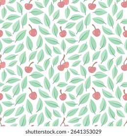 Vector seamless pattern of red cherries and leaves in soft colors