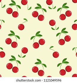 Vector seamless pattern with red cherry. Colorful summer backdrop. Berry background. For restaurant or cafe menu cover, design banner, wrapping paper, wallpaper, print on clothes.