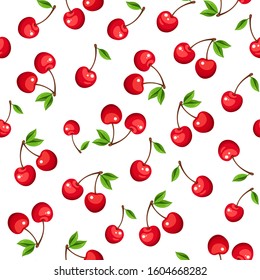 Vector seamless pattern with red cherry berries on a white background.