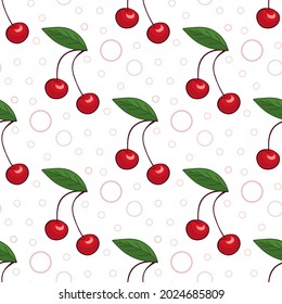 Vector seamless pattern, red cherry with pink circles on white background