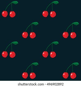 Vector seamless pattern. Red cherry on dark background. Repeatable food texture. For wallpaper, greeting card design, restaurant menu cover, textile print, web design, wrapping, decor, scrap booking