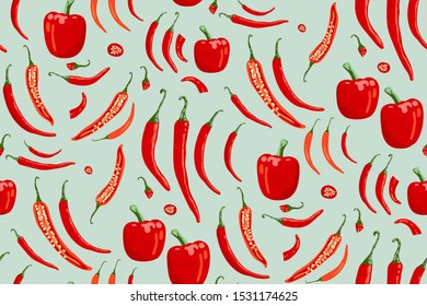 Vector seamless pattern with red chili peppers, bell peppers on a pastel green background. Collection of vegetable prints. Spice backdrop. Modern minimalistic design.