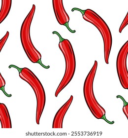 Vector seamless pattern with red chili peppers on a white background. Square seamless illustration with hot peppers. Chile wallpaper. Decorative background with vegetables.