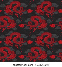 Vector seamless pattern with red chinese dragon and clouds. Hand drawn. Abstract art print.  Wallpaper, cloth design, fabric, tissue, textile design template, background. Mythological 