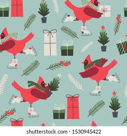 Vector seamless pattern with red Christmas birds on bright blue background. Birds are on the skates with Christmas tree and gift boxes. Holiday decoration. Christmas design.