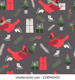 Vector seamless pattern with red Christmas birds on dark background. Birds are on the skates with Christmas tree and gift boxes. Holiday decoration. Christmas design.