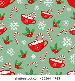 Vector seamless pattern with red cocoa cup, candy cane, snowflakes and Christmas plant