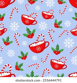 Vector seamless pattern with red cocoa cup, candy cane, snowflakes and Christmas plant