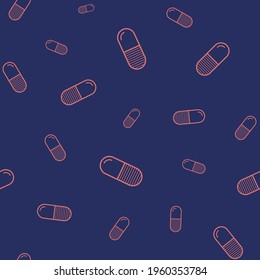 Vector seamless pattern with red color pills, tablets, isolated on dark blue background. Medical preparations. Linear style. Outline icons. Color illustration.