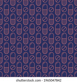 Vector seamless pattern with red color pills, tablets, capsules, isolated on blue background. Medical preparations. Linear style design. Color illustration.