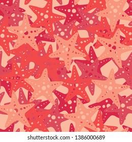 Vector seamless pattern with red and coral starfish.Endless texture with repeated sea stars on light background.